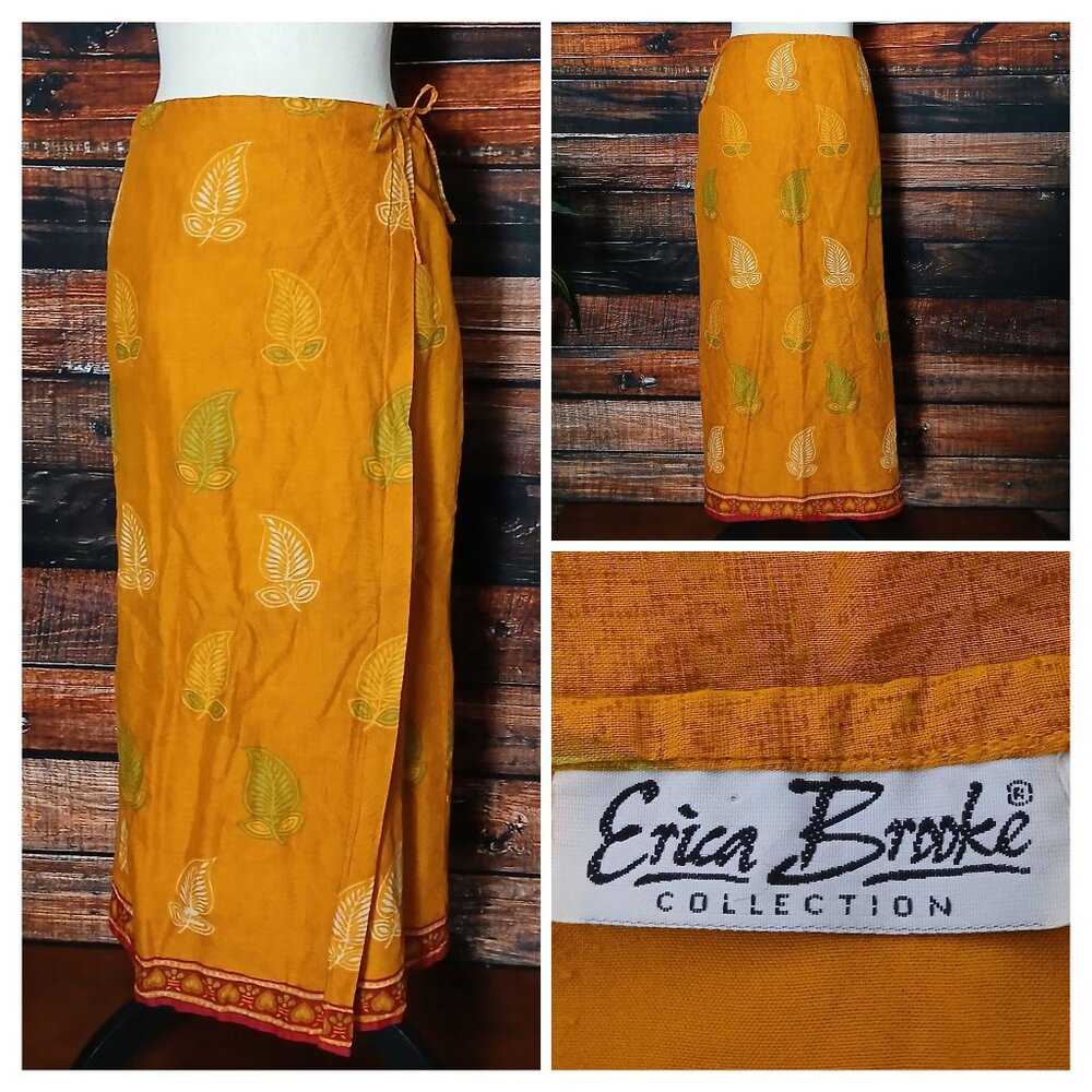 Erica Brooke Vintage Midi Wrap Skirt XS Bohemian Gold Leaf 100% Cotton